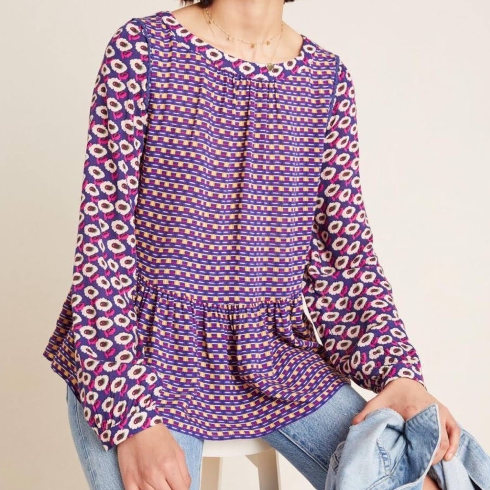 Anthropologie Maeve Colorful Boho Floral Cheyenne Peplum Flowy Blouse Size Small